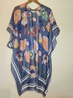 Woven Heart Lightweight Kimono Coverup‎ Cardigan Womens OS Blue Pink Floral